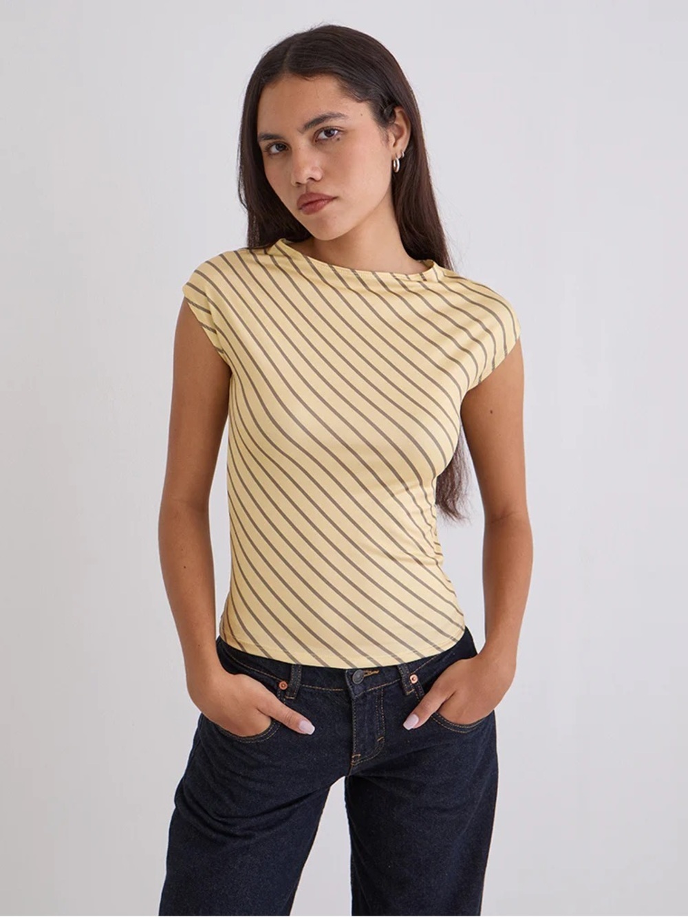 Motel RocksStriped Yellow Cap-Sleeve Women's Top
